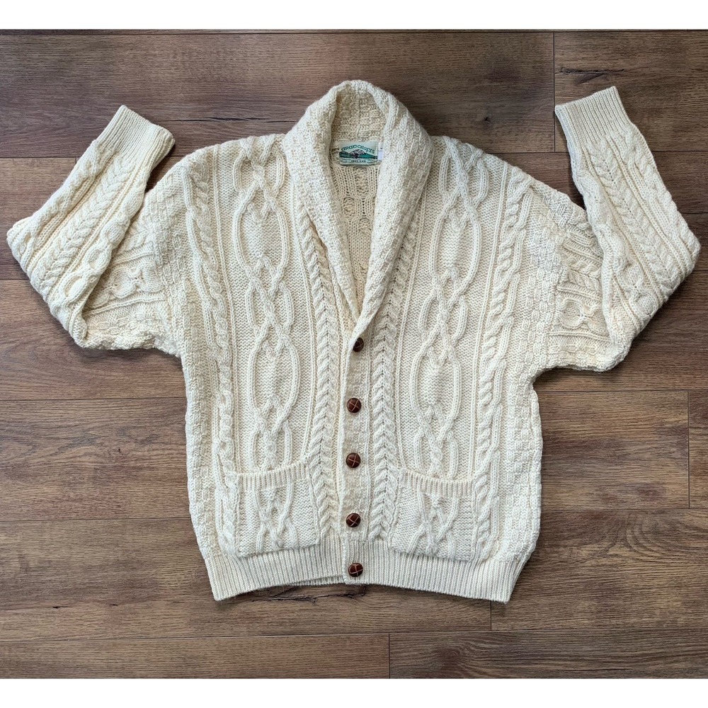 Aran Crafts Ivory Cable-Knit Shawl Collar Cardigan
